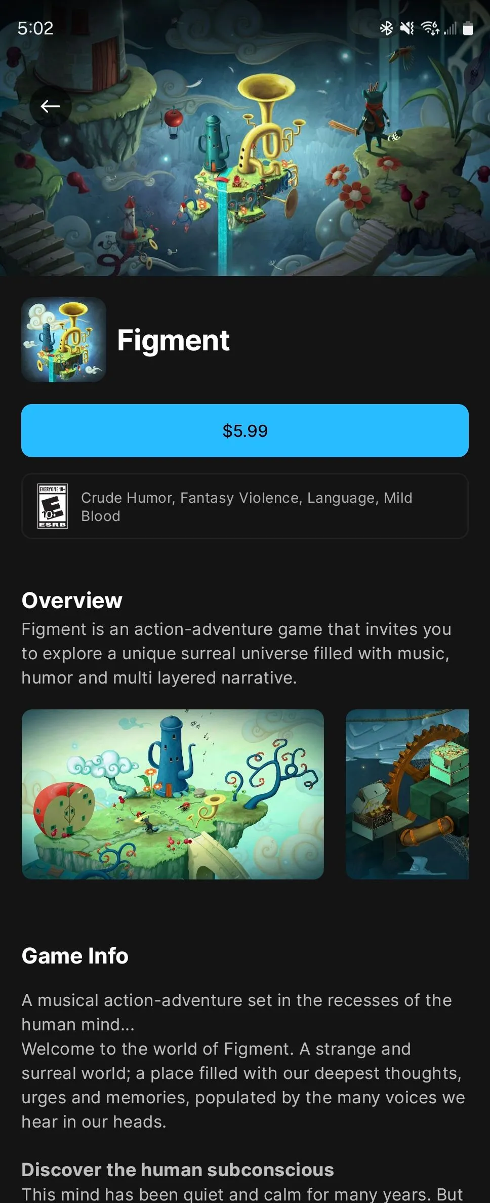 Trò chơi Figment, một tựa game phiêu lưu indie, hiển thị trên Epic Games Store Android.