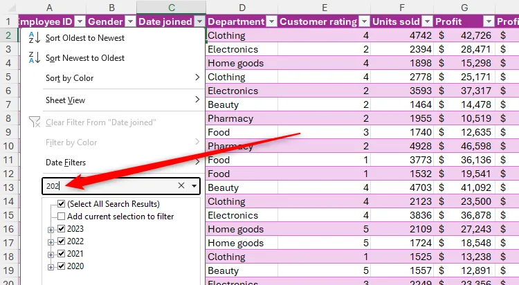 Trường tìm kiếm trong bộ lọc của bảng Excel chứa truy vấn tìm kiếm &quot;202&quot;.