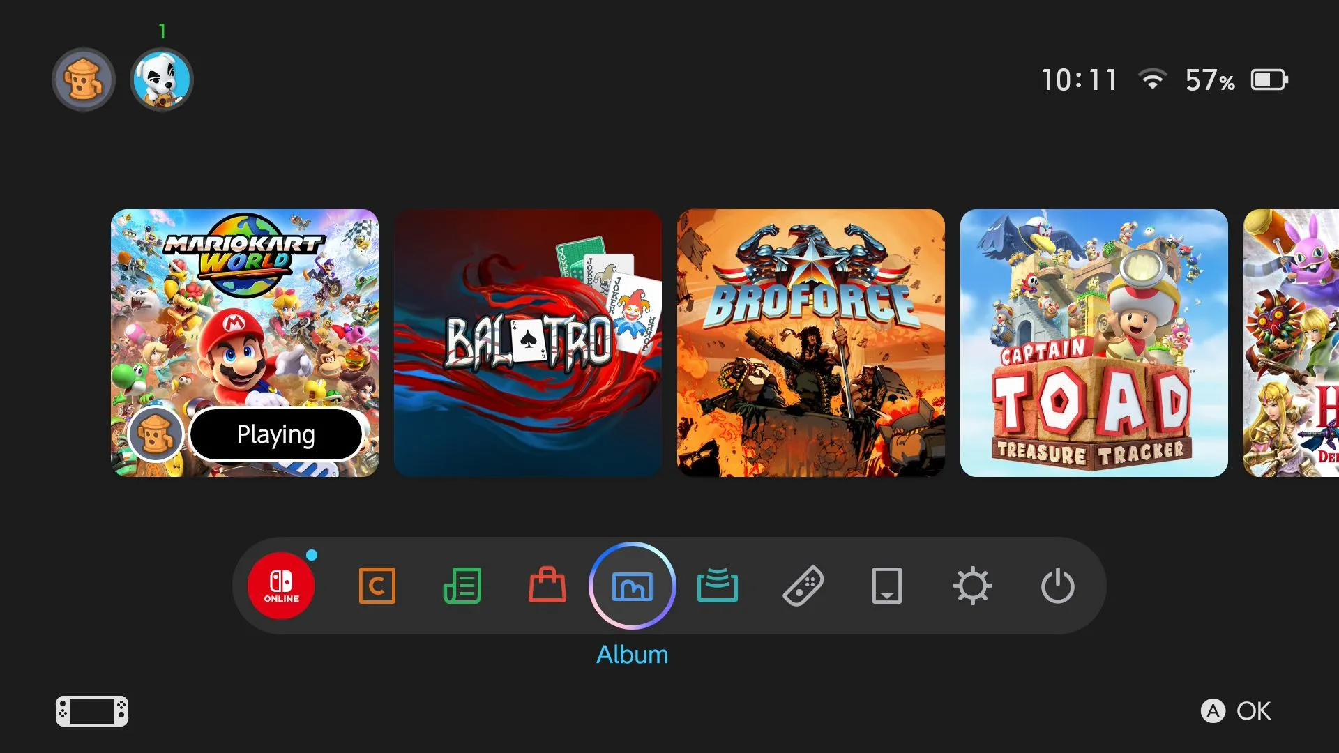 Truy cập ứng dụng Album từ màn hình chính Nintendo Switch 2 để quản lý ảnh và video
