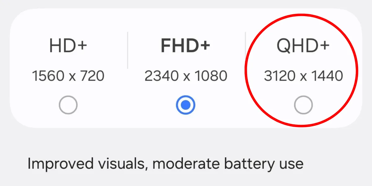 Tùy chỉnh 'Độ phân giải màn hình' sang QHD+ trong cài đặt hiển thị Galaxy S25 Plus hoặc Ultra