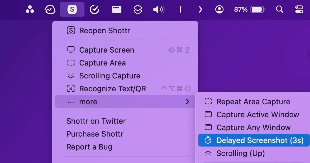 Tùy chọn Chụp Màn Hình Trễ (Delayed Screenshot 3s) trong menu Shottr dành cho Mac