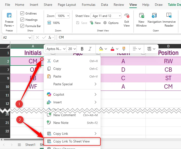 Tùy chọn &quot;Copy Link To Sheet View&quot; trong menu chuột phải của một ô trong Excel cho web.