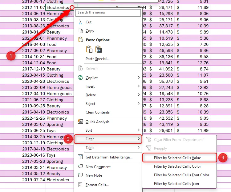 Tùy chọn Filter By Selected Cell's Value được chọn trong Excel.