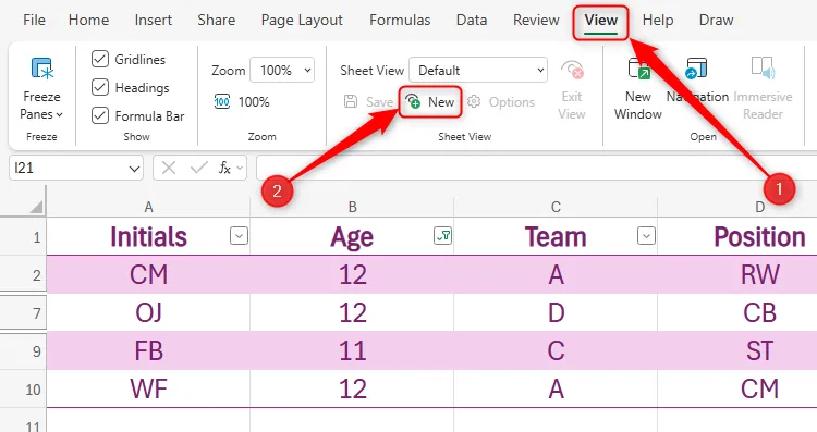 Tùy chọn &quot;New&quot; (Chế độ xem trang tính mới) trong nhóm Sheet View trên tab Data của Excel cho web.