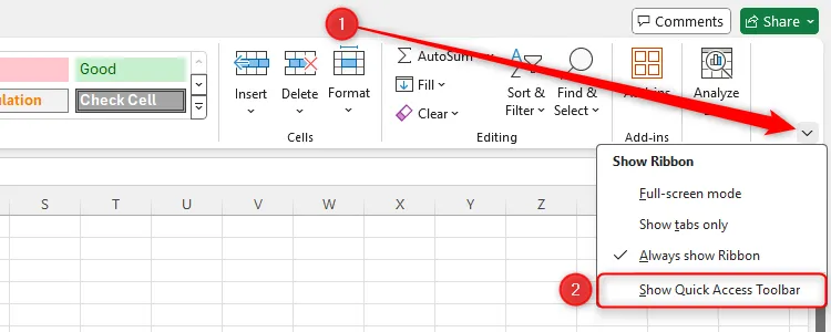 Tùy chọn Show Quick Access Toolbar trong Excel được làm nổi bật