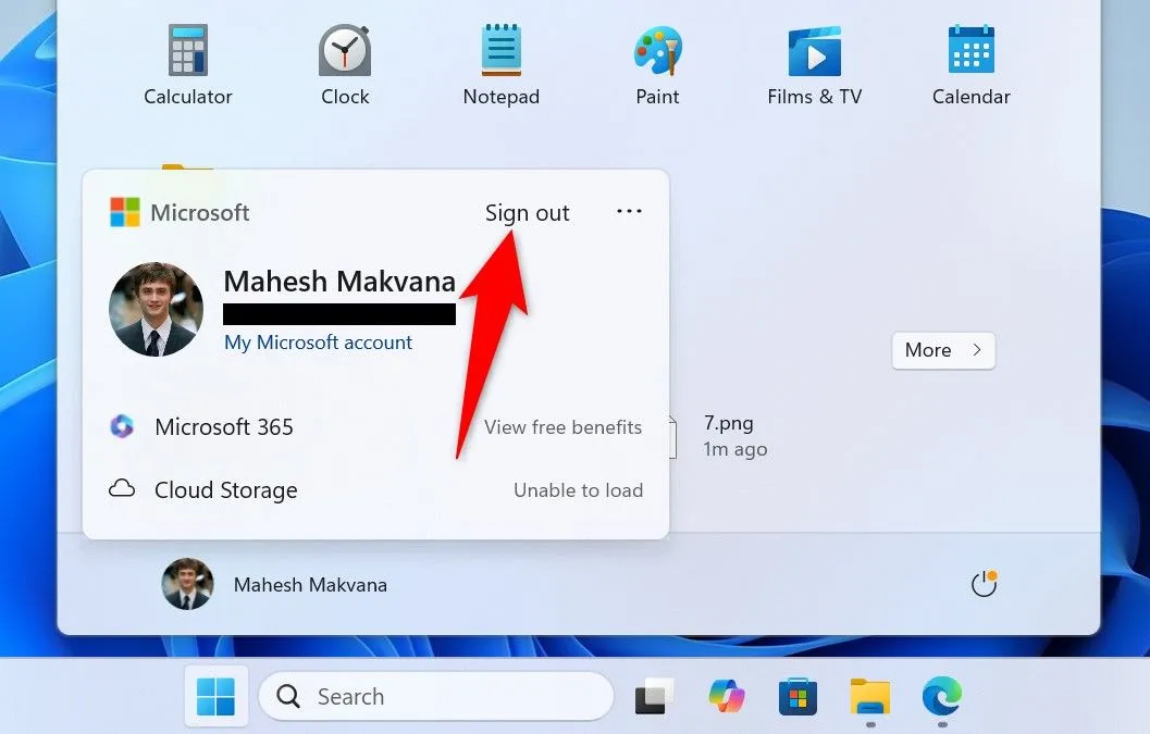 Tùy chọn &quot;Sign Out&quot; trong menu Start của Windows 11 để đăng xuất tài khoản