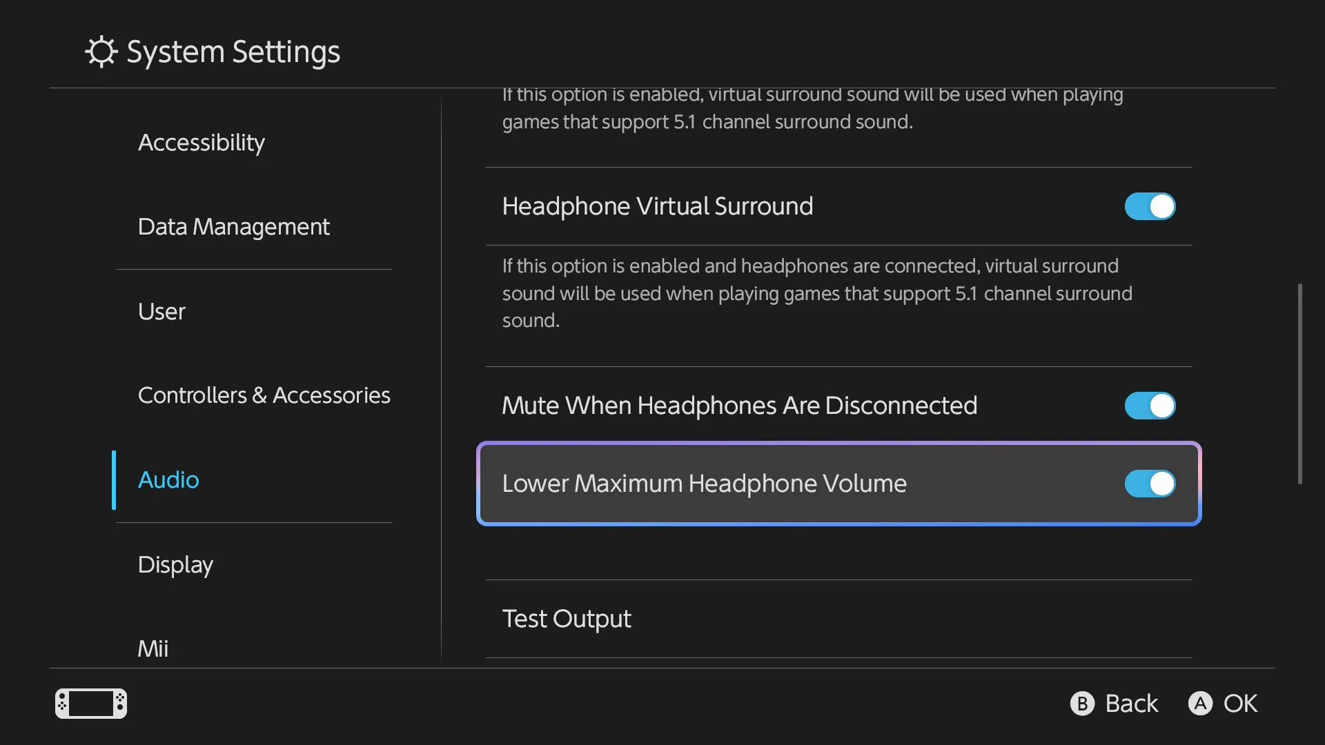 Tùy chọn vô hiệu hóa giới hạn âm lượng tai nghe trên cài đặt Âm thanh của Nintendo Switch 2