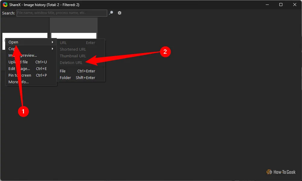 Tùy chọn xóa ảnh đã tải lên từ lịch sử hình ảnh trong ShareX bằng Deletion URL