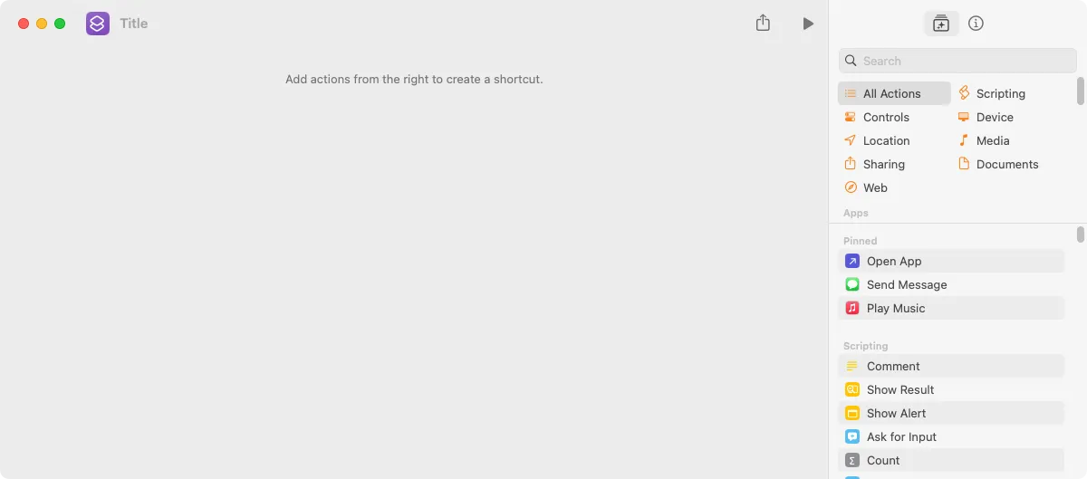 Ứng dụng Phím tắt trên macOS với một phím tắt trống