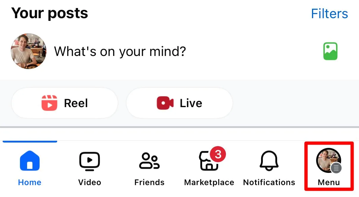 Vị trí nút Menu trong ứng dụng Facebook trên iPhone, dẫn đến các tùy chọn trợ giúp và hỗ trợ
