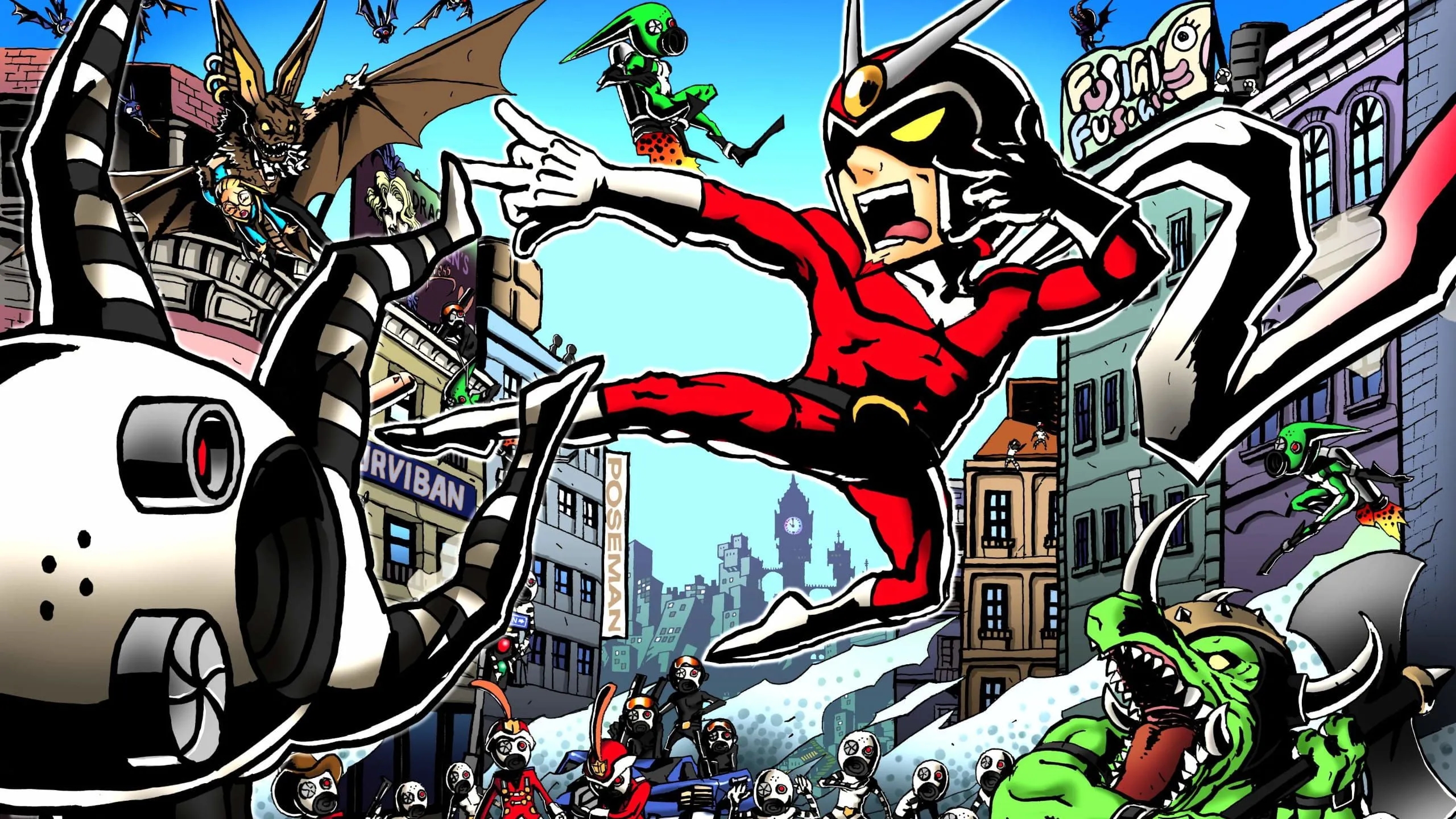 Viewtiful Joe với phong cách truyện tranh độc đáo, sẵn sàng cho hành động.