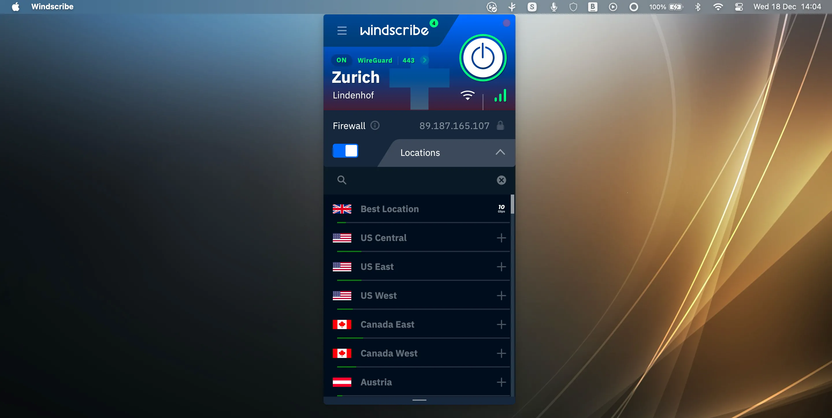 Windscribe VPN trên thanh menu macOS