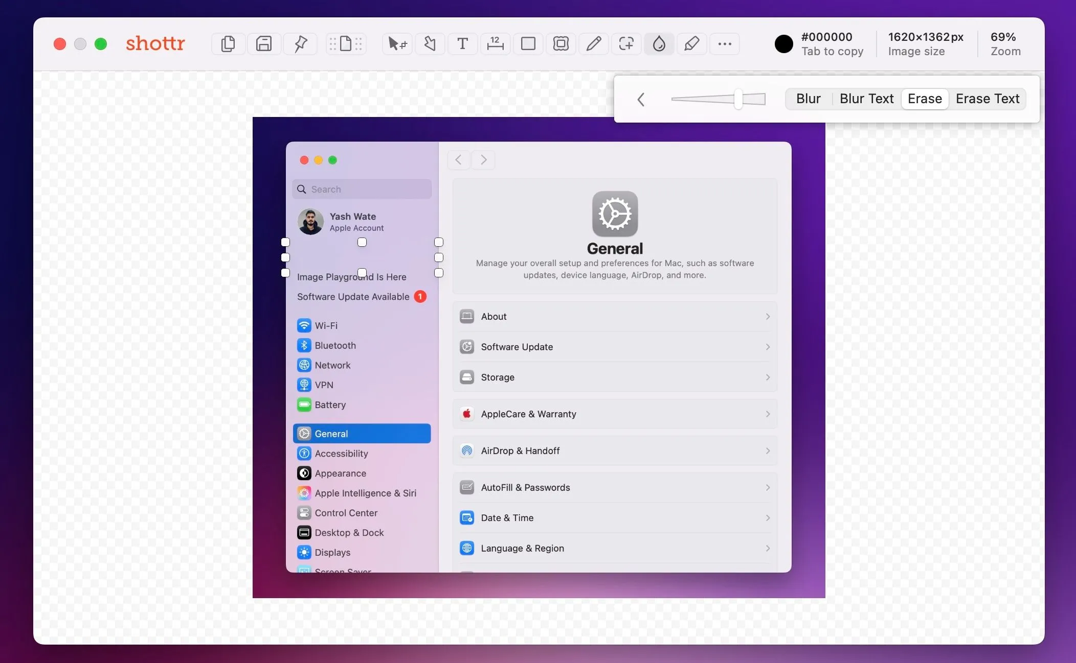 Xóa bỏ các yếu tố không mong muốn trên ảnh chụp màn hình bằng công cụ Erase của Shottr