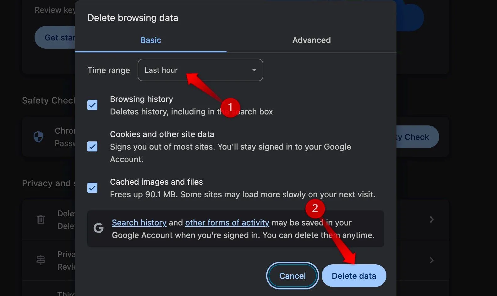 Xóa lịch sử duyệt web, cookie và dữ liệu trang web trong cài đặt trình duyệt Chrome để tối ưu bộ nhớ Chromebook.