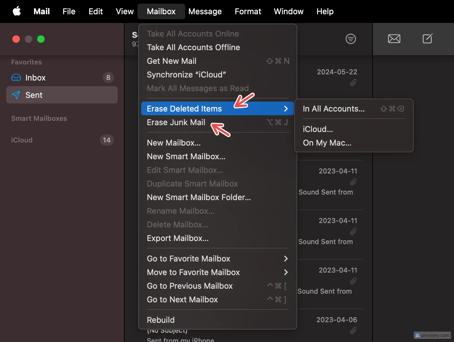 Xóa thư rác và thư đã xóa trong ứng dụng Mail của Mac