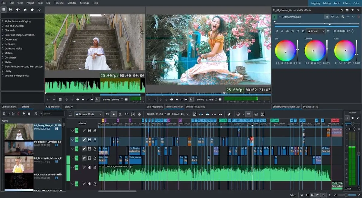 Ảnh chụp màn hình trình chỉnh sửa video Kdenlive với các công cụ và timeline.