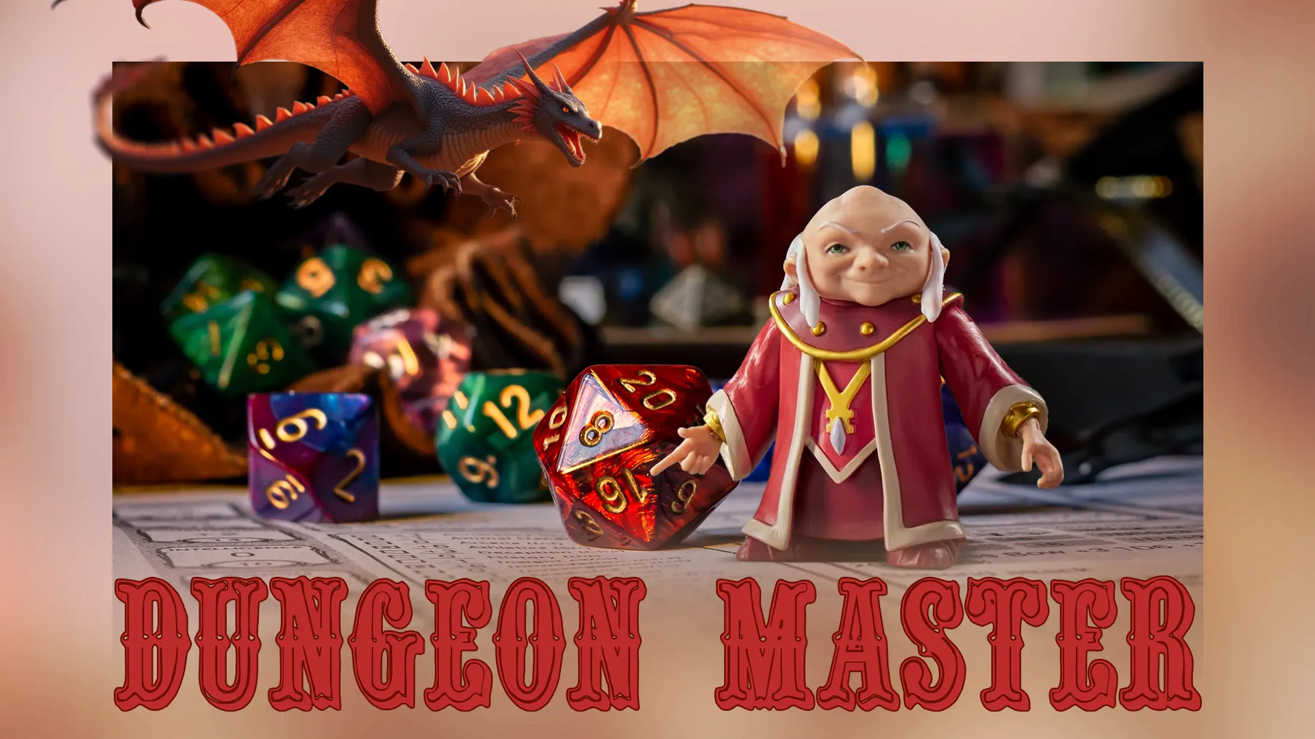 Bàn cờ Dungeons &amp; Dragons với xúc xắc đa diện, hình ảnh Dungeon Master và rồng bay, minh họa thế giới nhập vai giả tưởng.