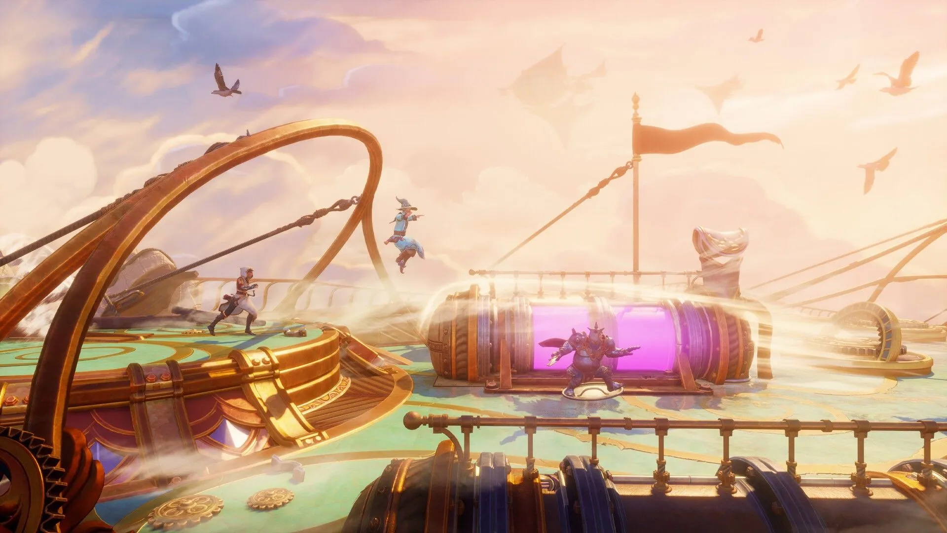 Các người chơi đang chạy về phía bên phải trong Trine 5 A Clockwork Conspiracy