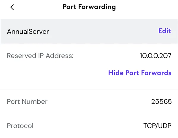 Cài đặt mở cổng (port forwarding) mẫu cho Minecraft server trên giao diện quản lý router.