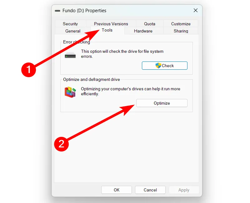 Chọn tab &quot;Tools&quot; và nhấn &quot;Optimize&quot; để chống phân mảnh ổ cứng HDD trên Windows 11.