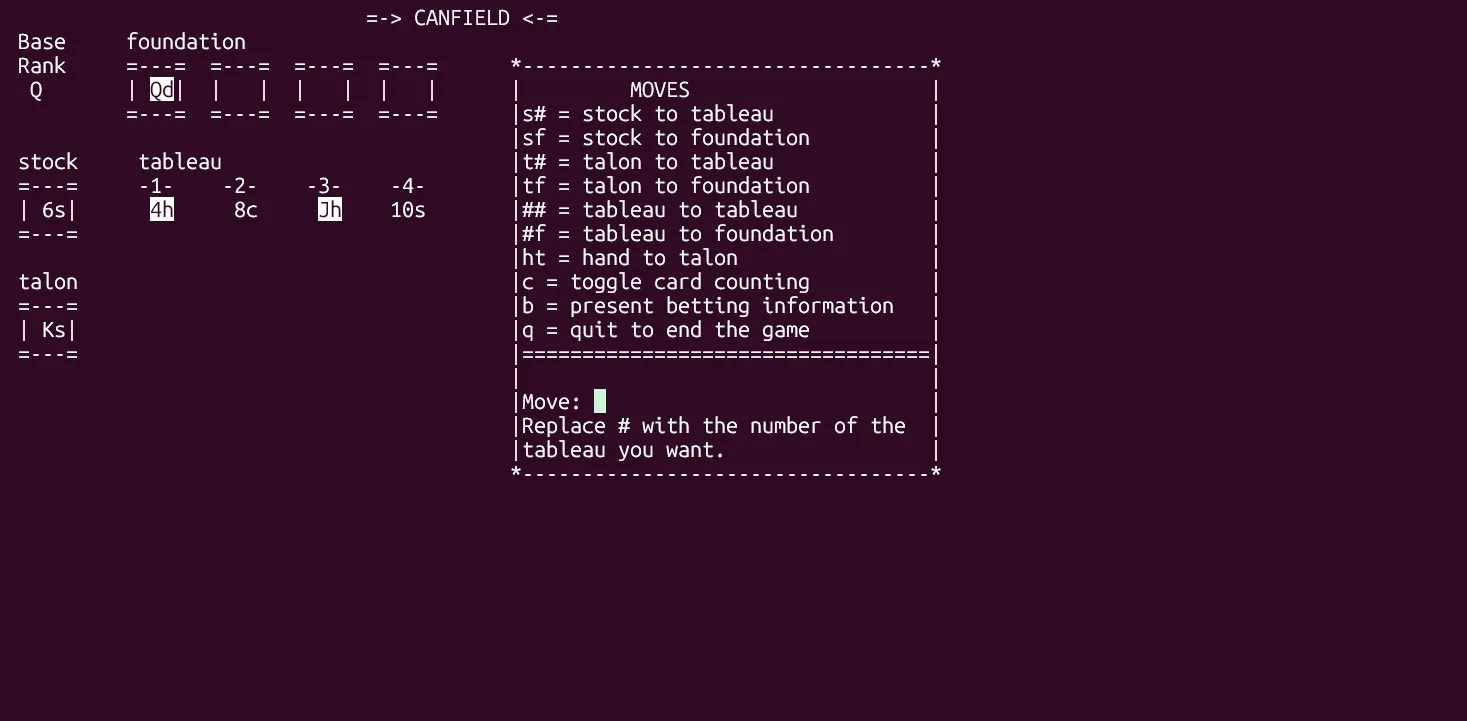 Game solitaire Canfield phiên bản text-based trên Terminal Linux, hiển thị các quân bài và cọc bài