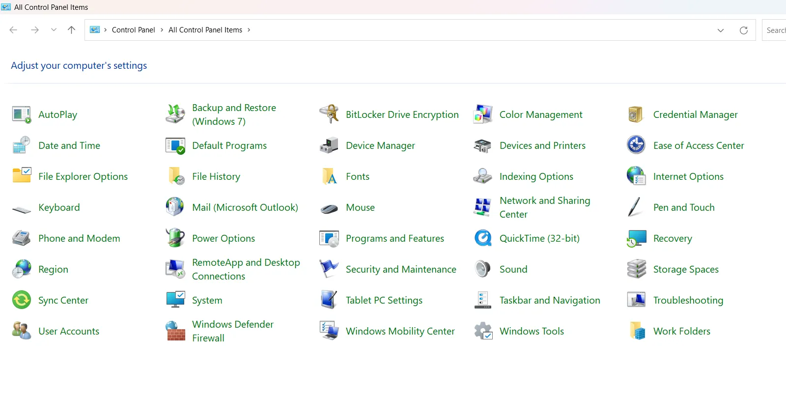 Giao diện Control Panel quen thuộc trên Windows 11 với nhiều công cụ nâng cao.