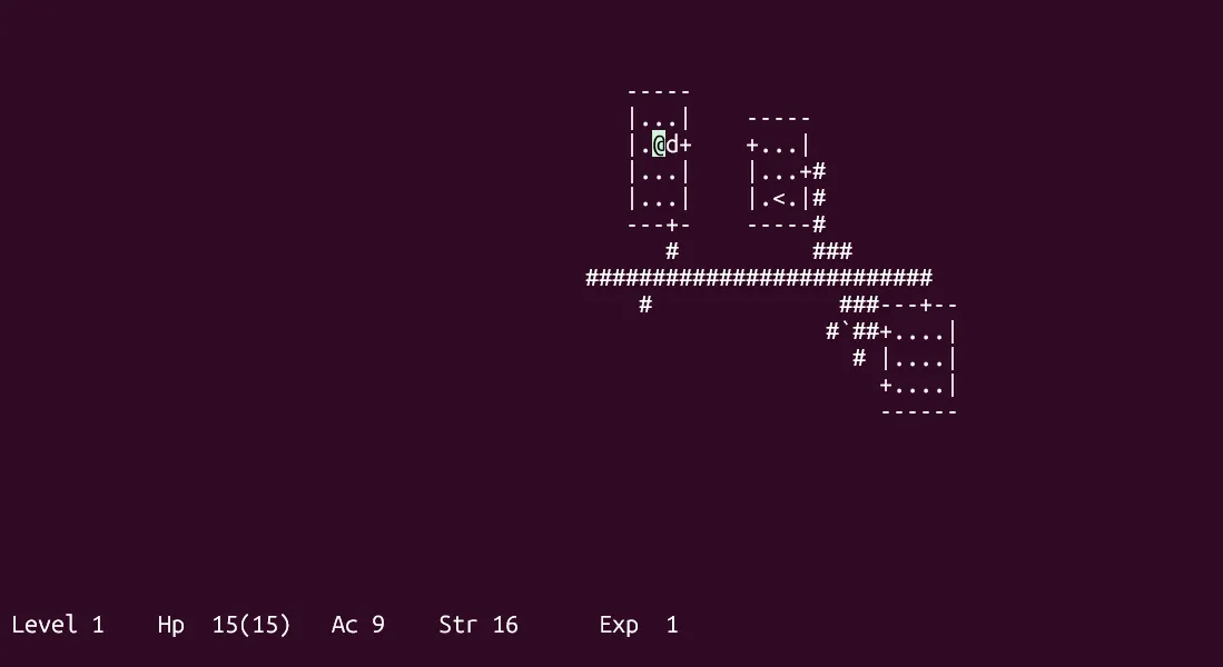 Giao diện game Hack (tiền thân của NetHack) trên Terminal Linux, hiển thị bản đồ hầm ngục và thông tin nhân vật