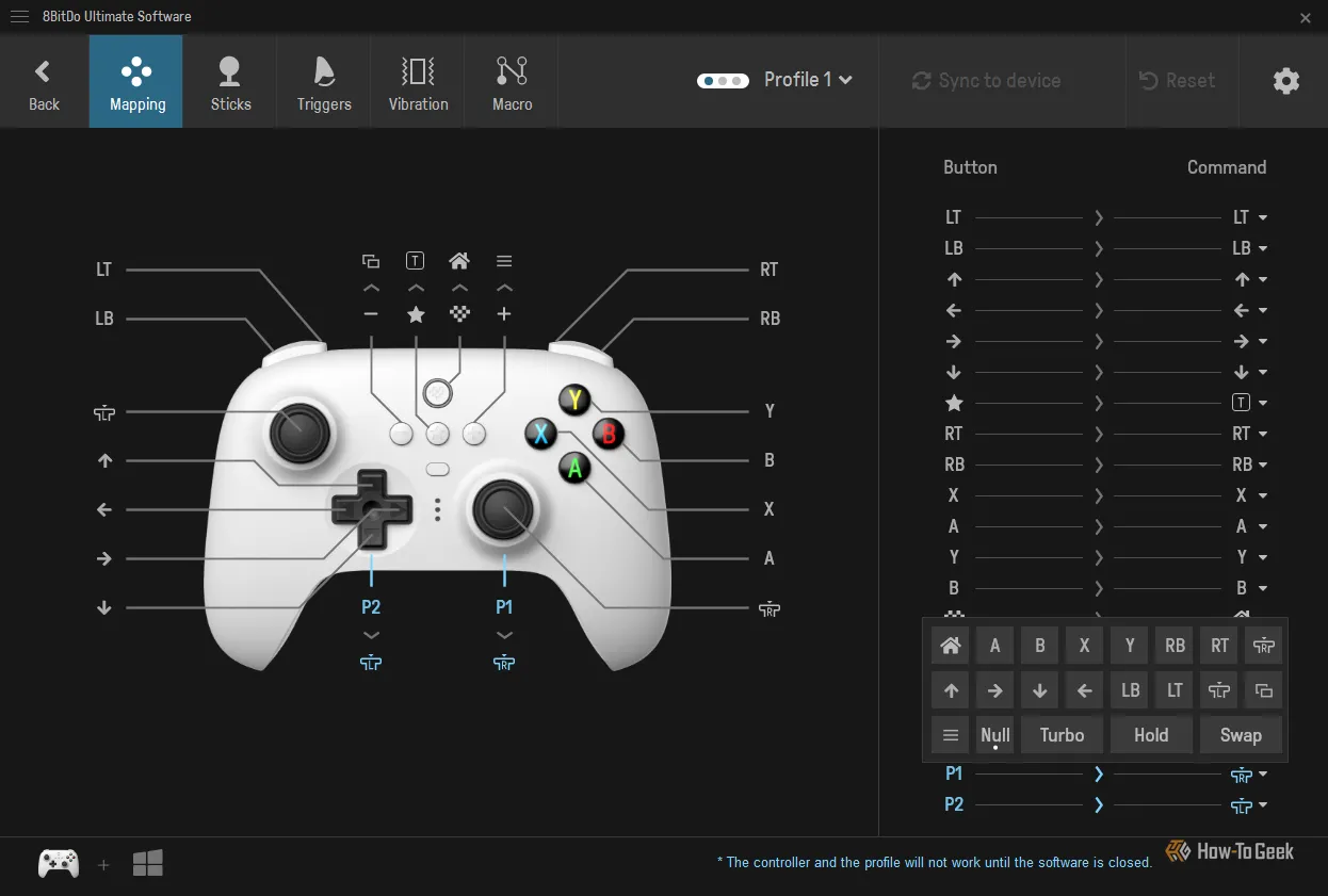 Giao diện phần mềm tùy chỉnh của 8BitDo Ultimate Controller, hiển thị các tùy chọn cài đặt nút bấm và macro