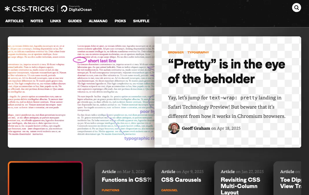 Giao diện trang web CSS-Tricks với bài viết nổi bật về thuộc tính text-wrap