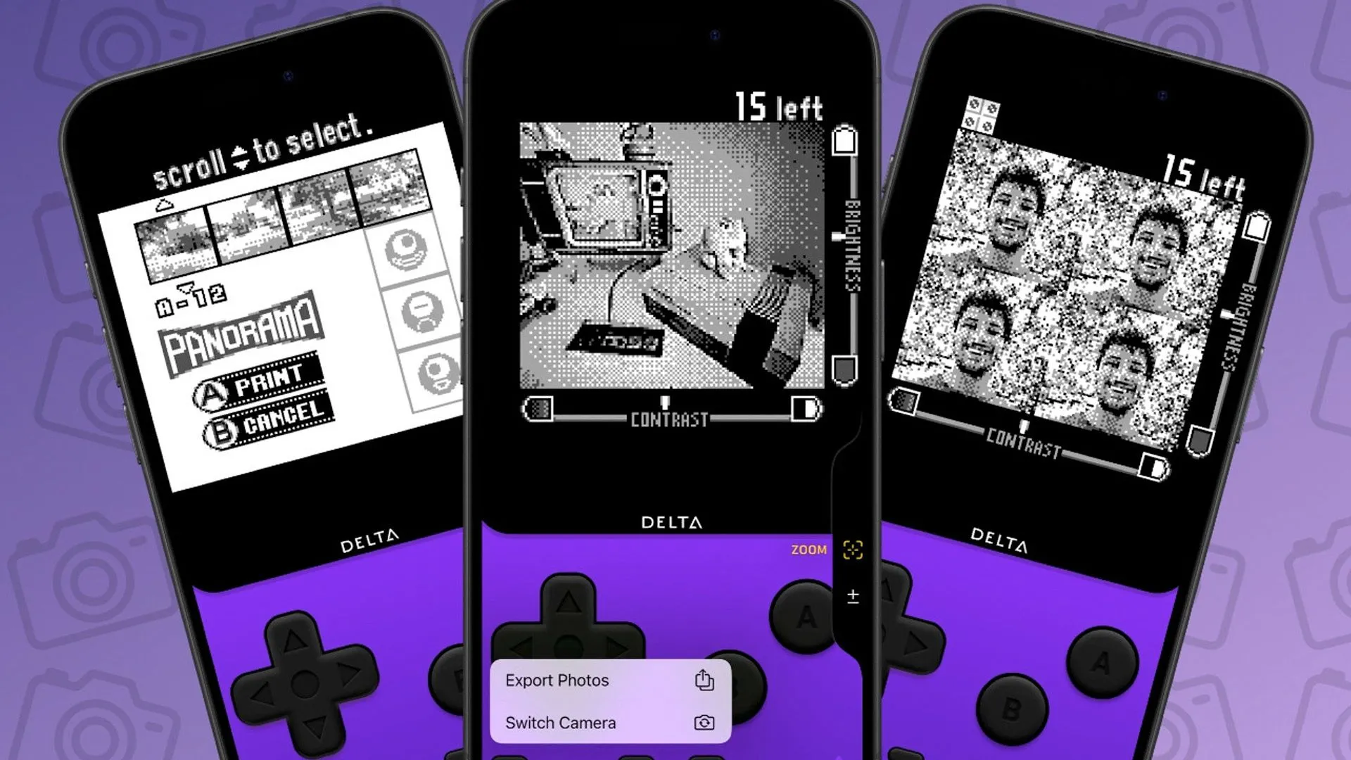 Giao diện ứng dụng Delta Camera trên iPhone mô phỏng màn hình Game Boy Camera