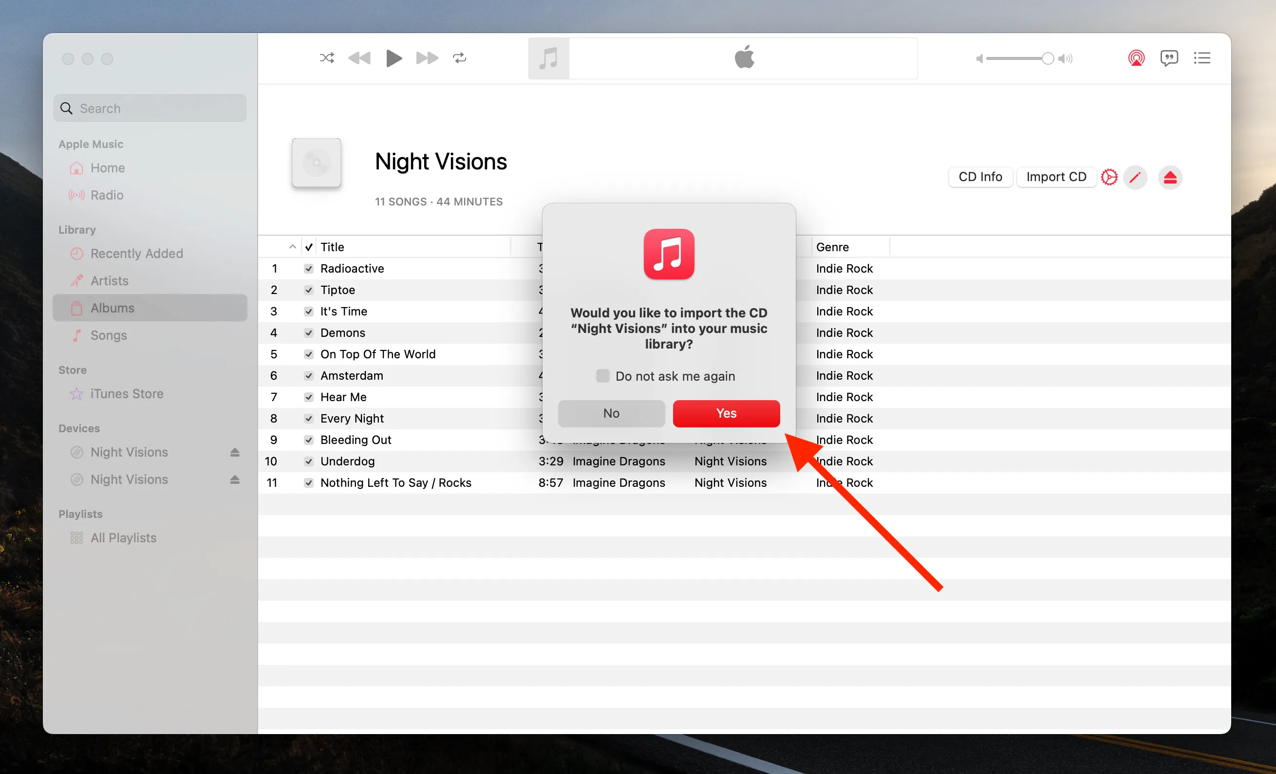 Giao diện ứng dụng Nhạc (Music app) trên Mac hiển thị nội dung đĩa CD đã nhập, sẵn sàng đồng bộ qua iCloud