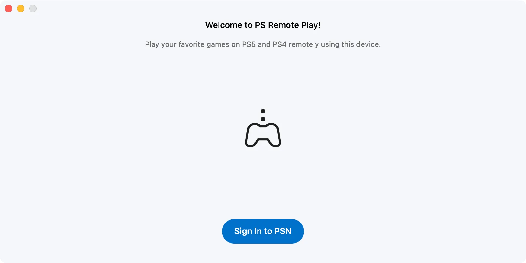Giao diện ứng dụng PS Remote Play trên macOS để đăng nhập PSN