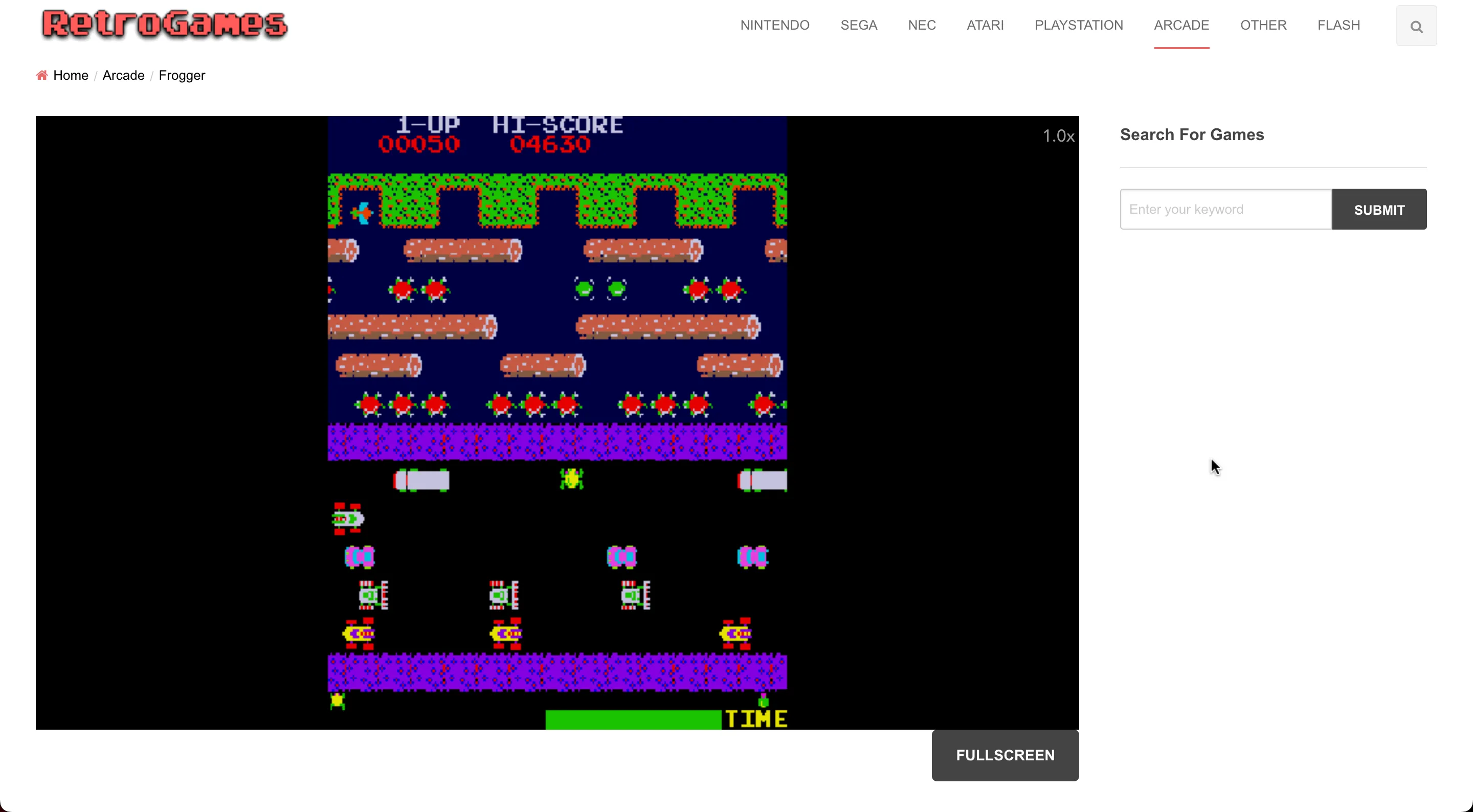 Giao diện website RetroGames với game Frogger, nơi lưu giữ game arcade cổ điển