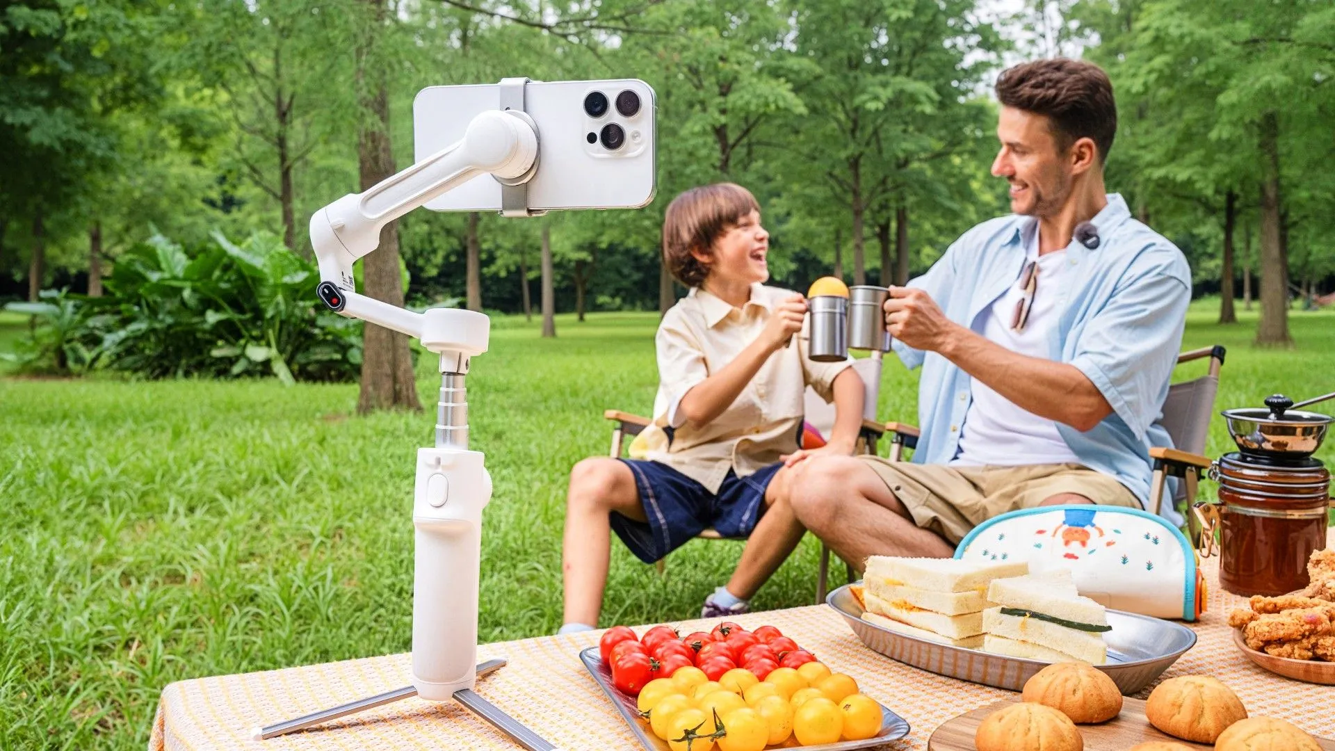 Gimbal Insta360 Flow 2 đang giữ điện thoại, hướng về phía một người cha và con trai cắm trại