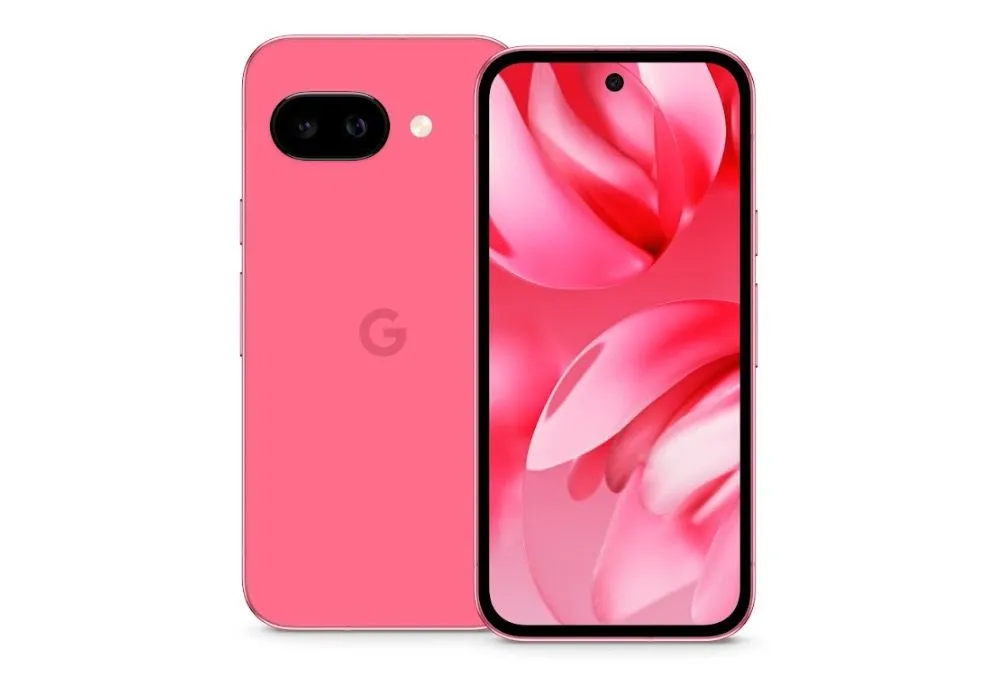 Google Pixel 9a màu hồng nhạt đặt nghiêng, mặt sau lộ rõ cụm camera và logo Google.