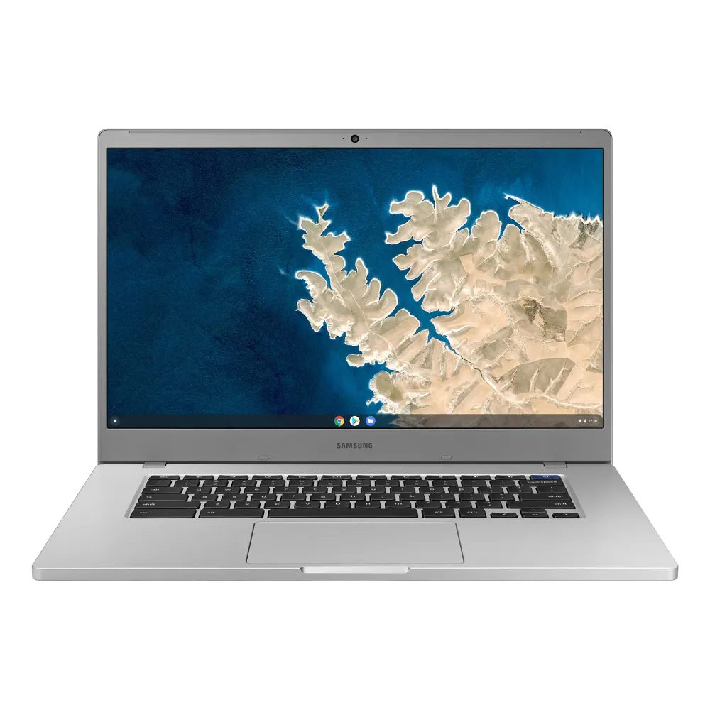 Hình ảnh cận cảnh một chiếc Samsung Chromebook 4+ màu xám bạc với màn hình hiển thị, đại diện cho thiết bị Chromebook hiện đại