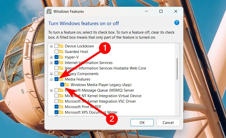 Kích hoạt Windows Media Player Legacy trong phần &quot;Turn Windows Features On or Off&quot; trên Windows 11.