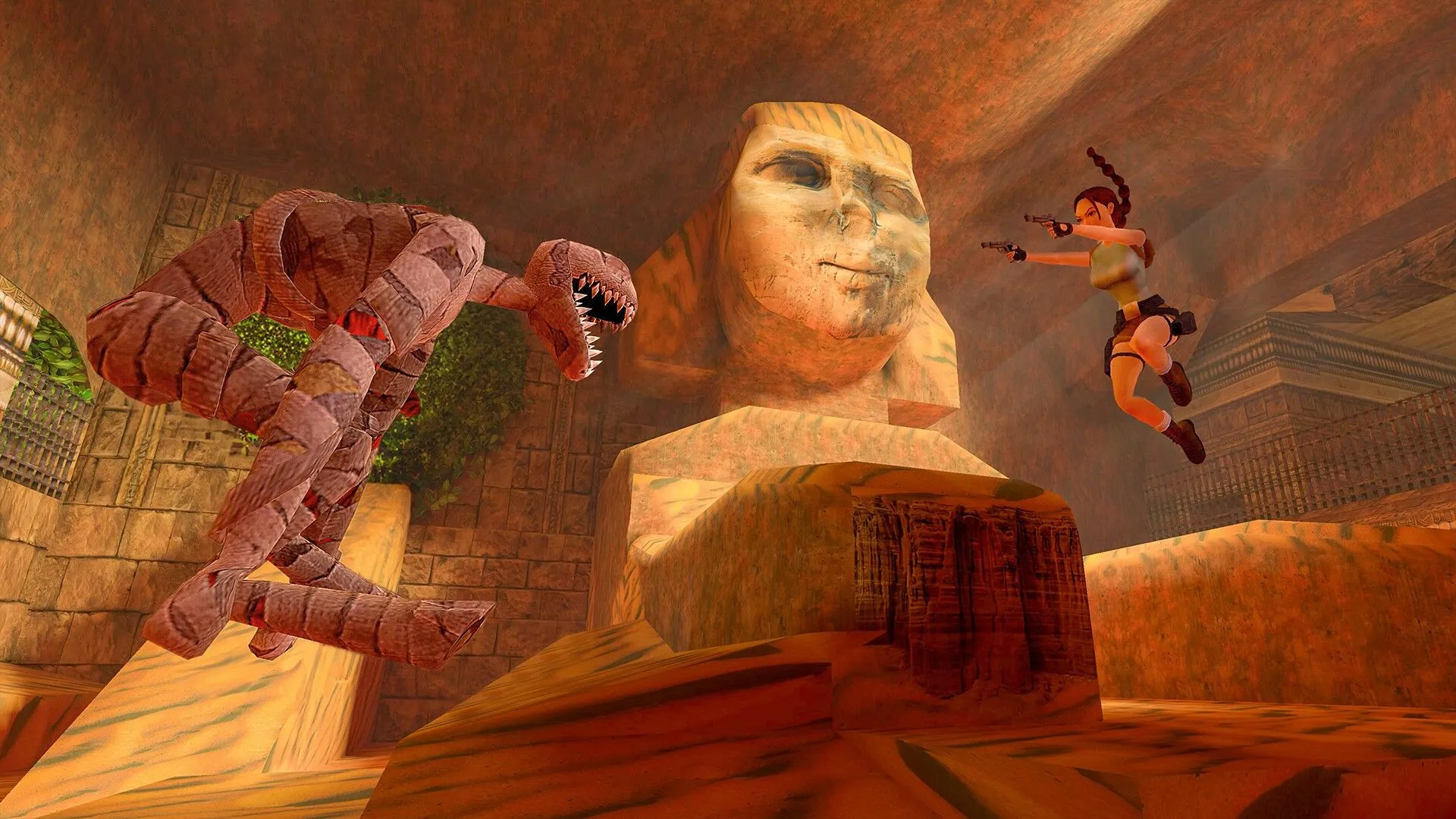 Lara Croft đang nhắm vũ khí vào một sinh vật xác ướp trong Tomb Raider I-III Remastered Starring Lara Croft
