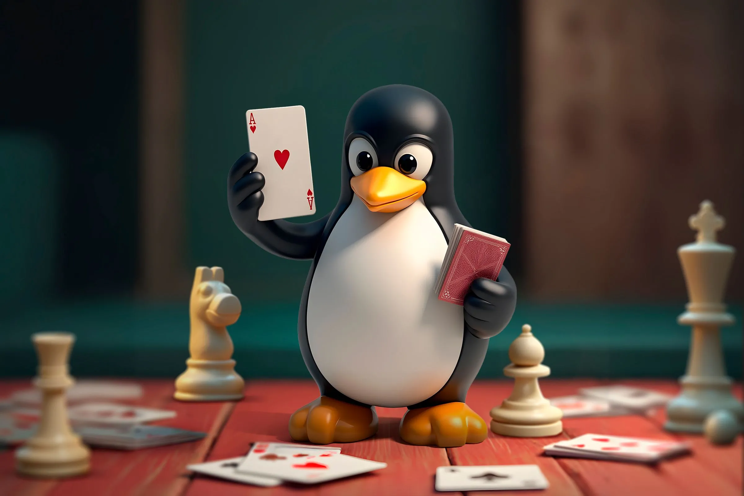 Linh vật Linux cầm bài tây, xung quanh có các quân bài và quân cờ