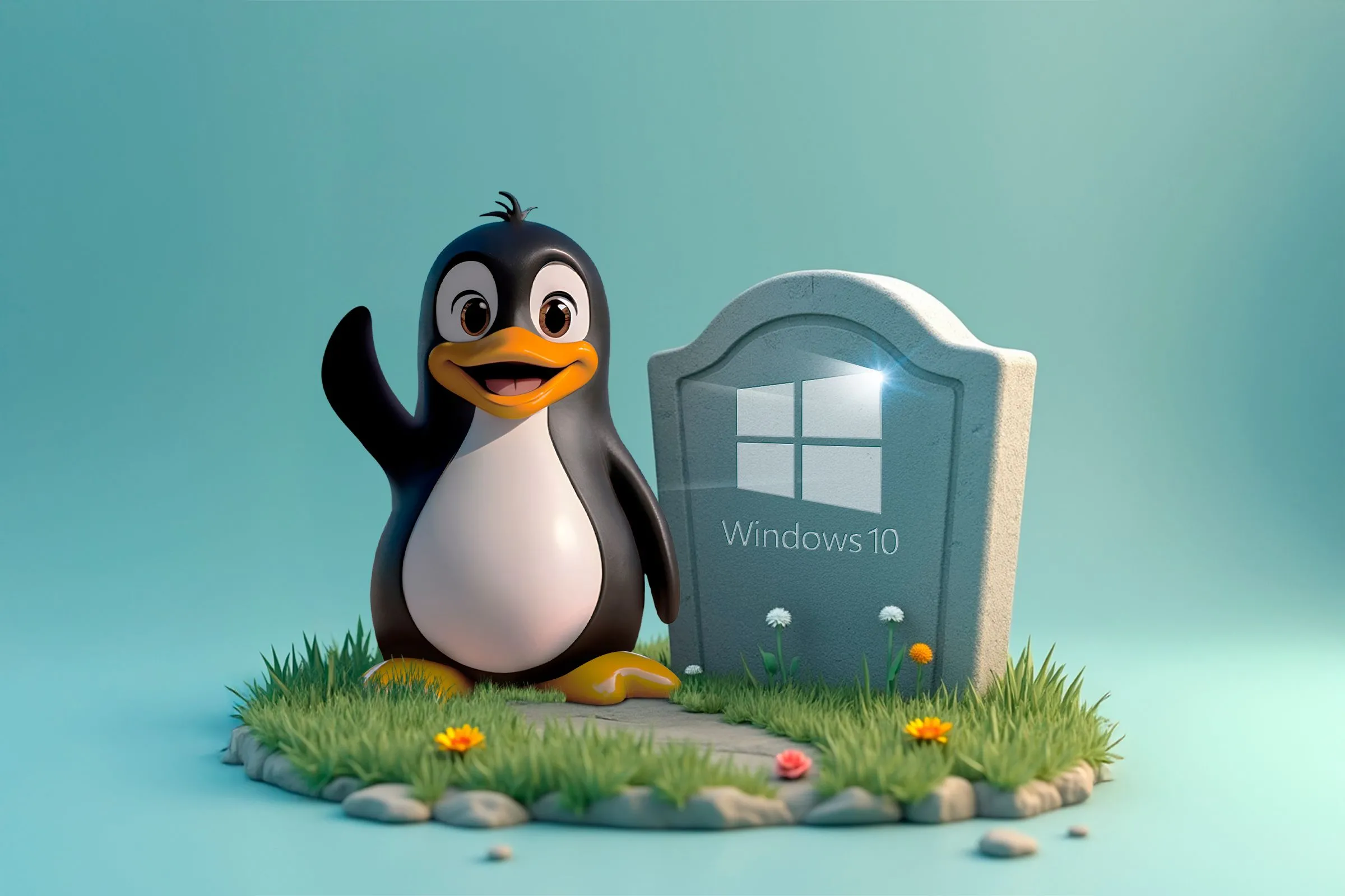 Linh vật Linux vẫy tay bên cạnh bia mộ với logo Windows 10