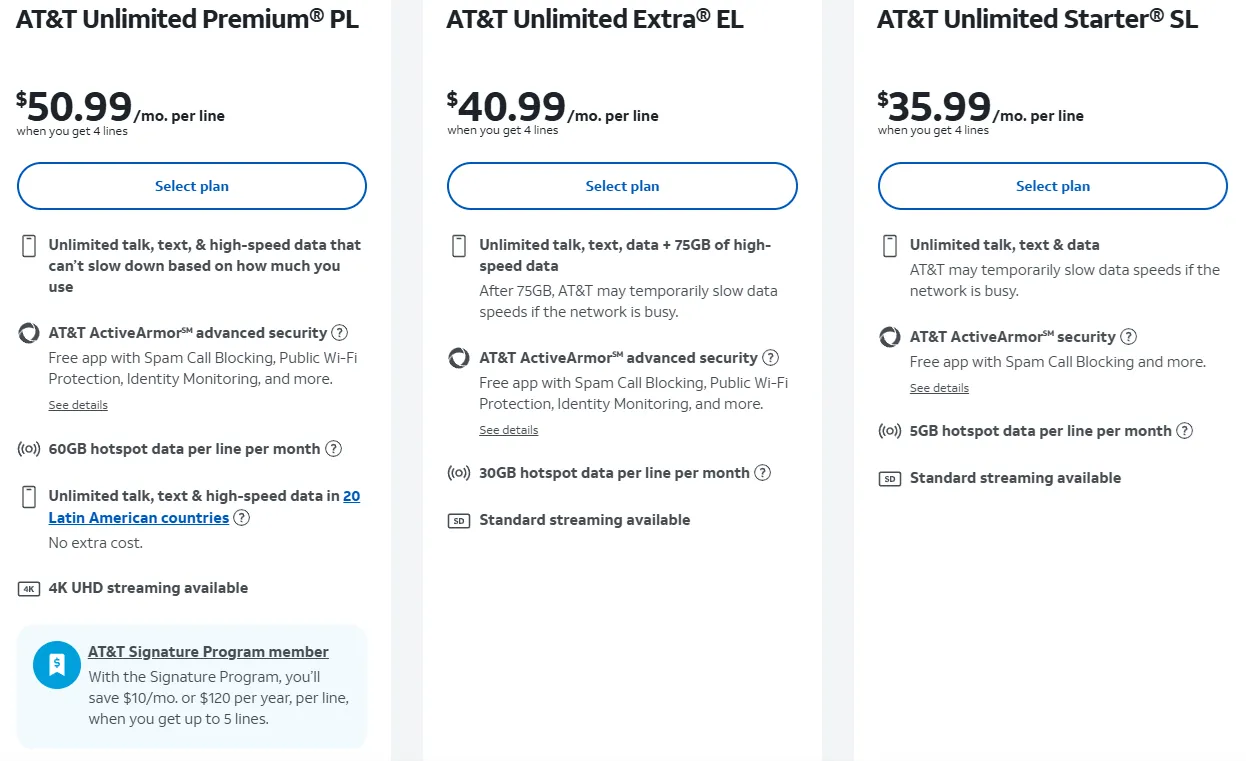 Logo AT&amp;T và các thông tin về gói cước data không giới hạn với chính sách premium data