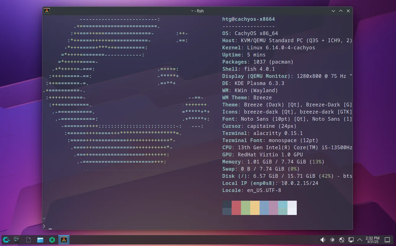 Màn hình desktop CachyOS với môi trường KDE Plasma và cửa sổ terminal Alacritty đang mở