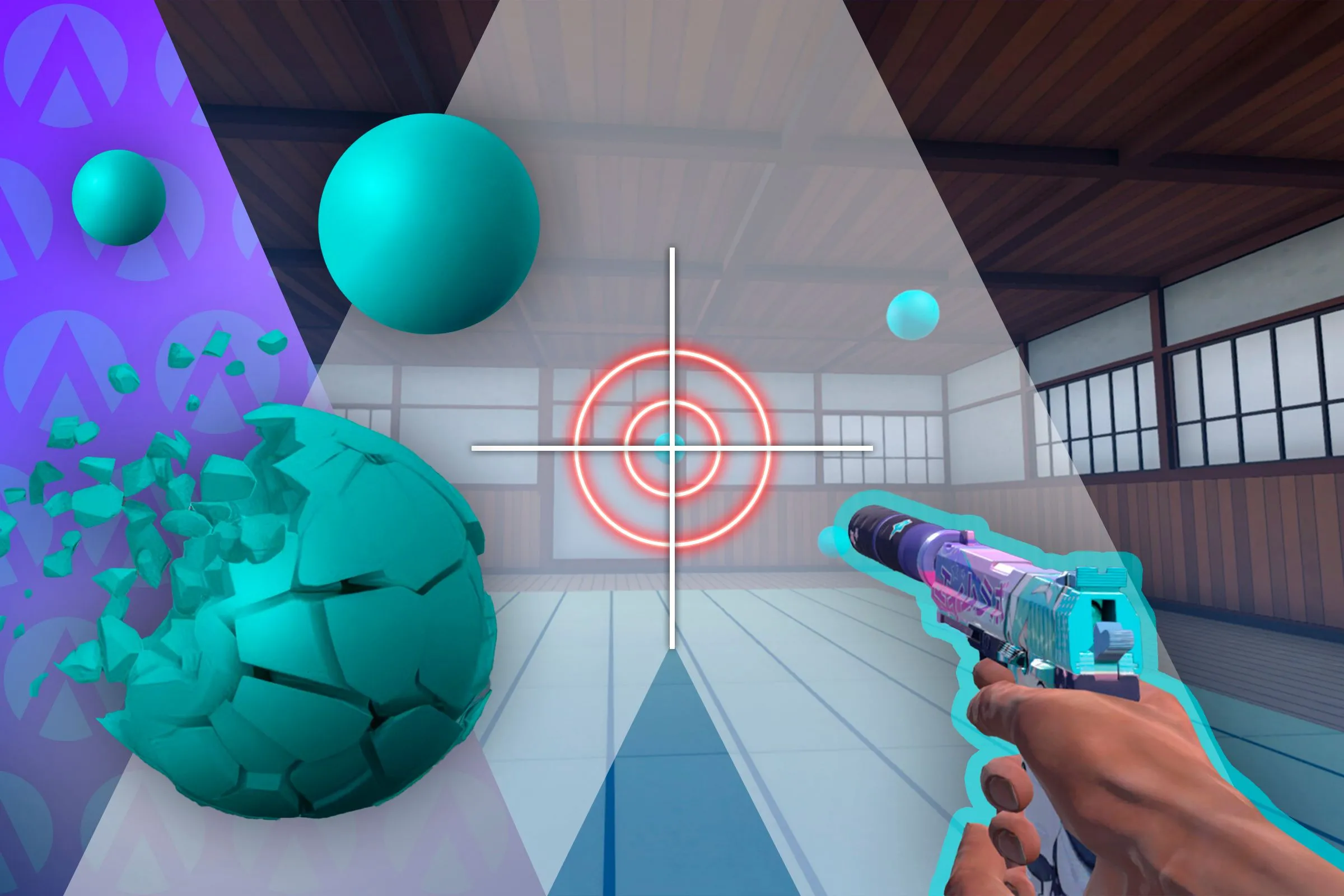Màn hình game Aimlabs với tâm ngắm ở giữa, môi trường lý tưởng để luyện aim.