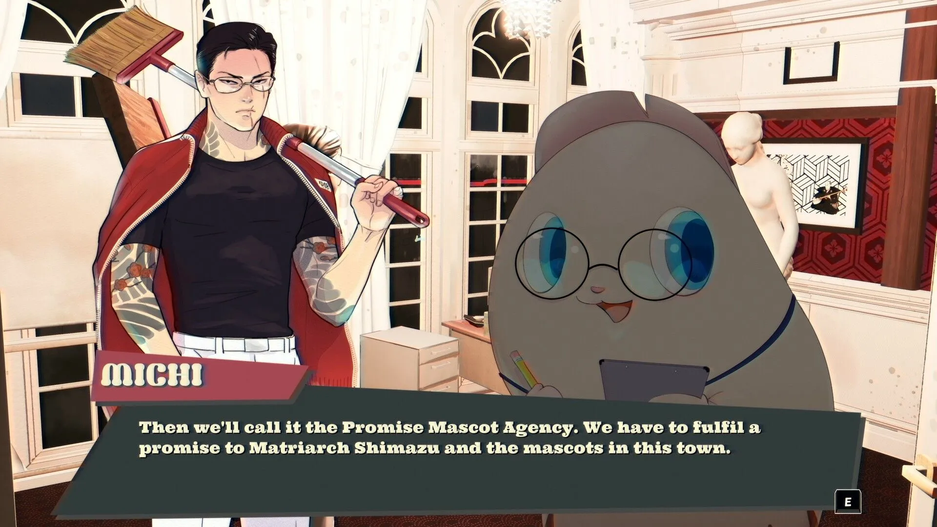 Michi và linh vật Pinky tương tác trong phân cảnh visual novel của Promise Mascot Agency.