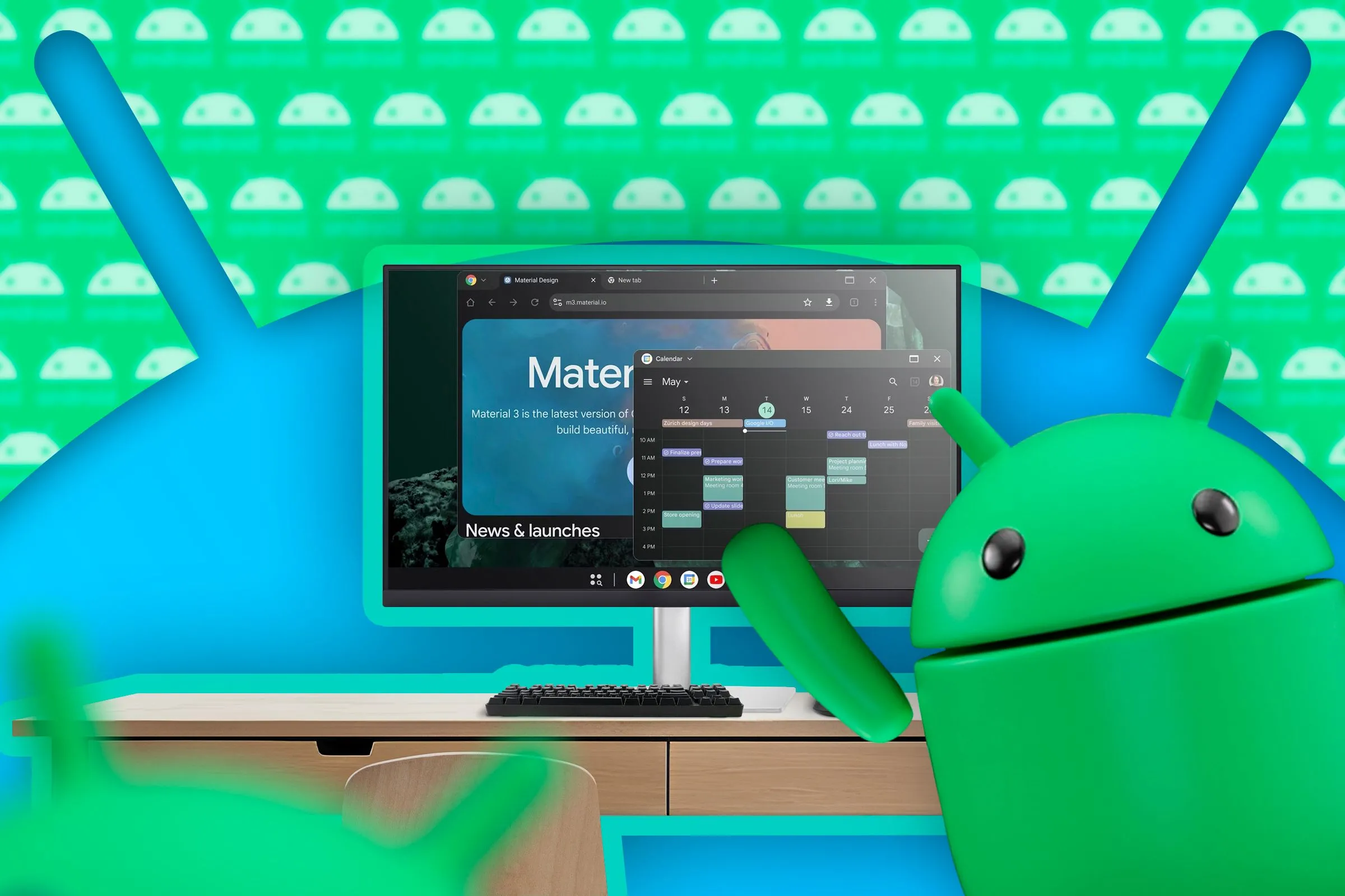 Minh họa giao diện chế độ desktop của Android với biểu tượng Android, cho thấy nỗ lực của Google trong việc tích hợp tính năng này.