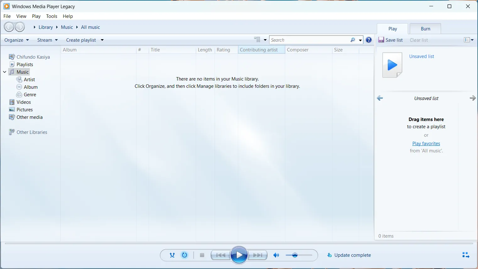 Mở Windows Media Player Legacy trên Windows 11 qua công cụ tìm kiếm.