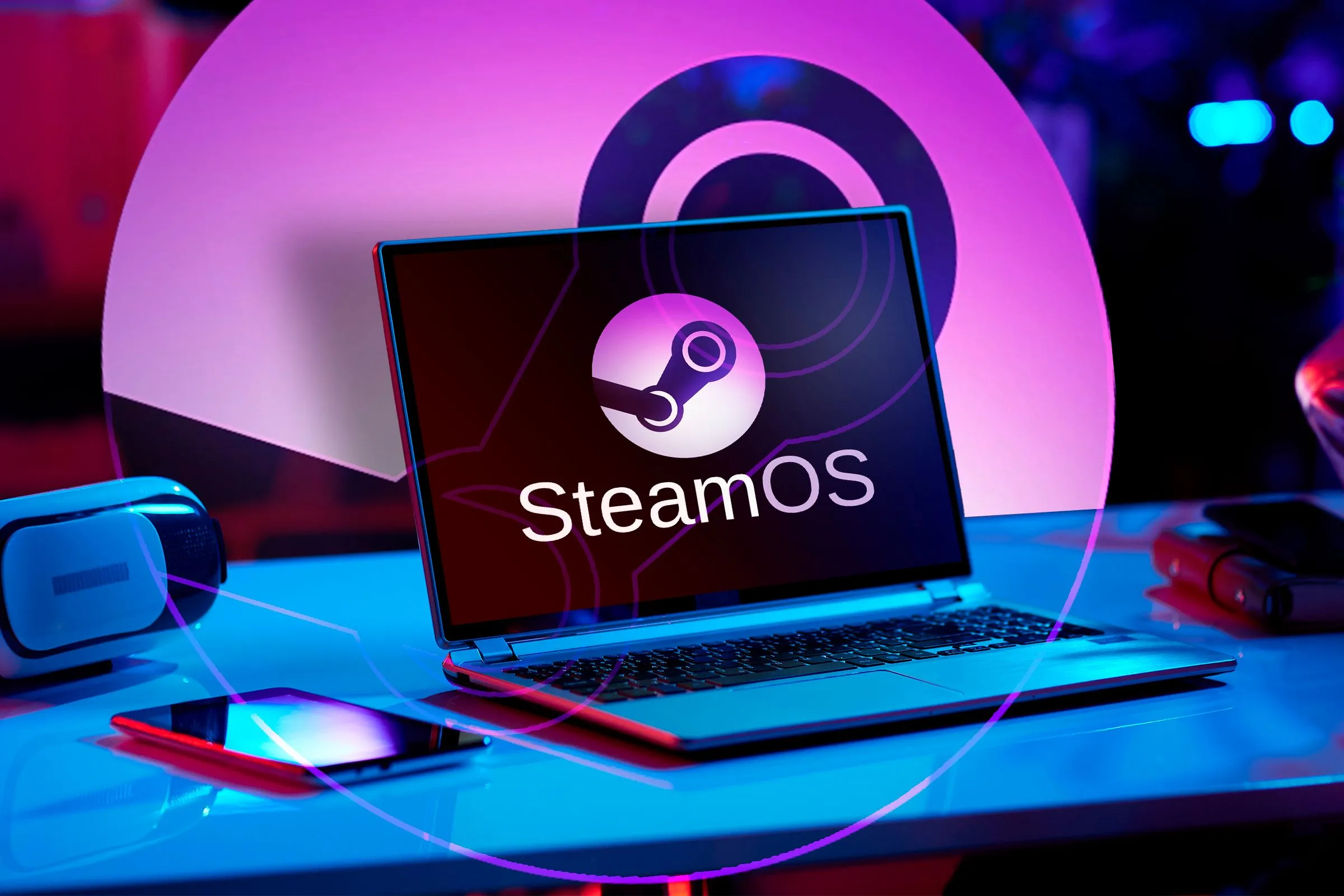 Một chiếc laptop có logo SteamOS trên màn hình