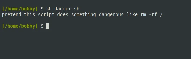 Một script Linux đang được chạy thông qua lệnh sh, cho thấy script vẫn có thể hoạt động dù không có quyền thực thi trực tiếp
