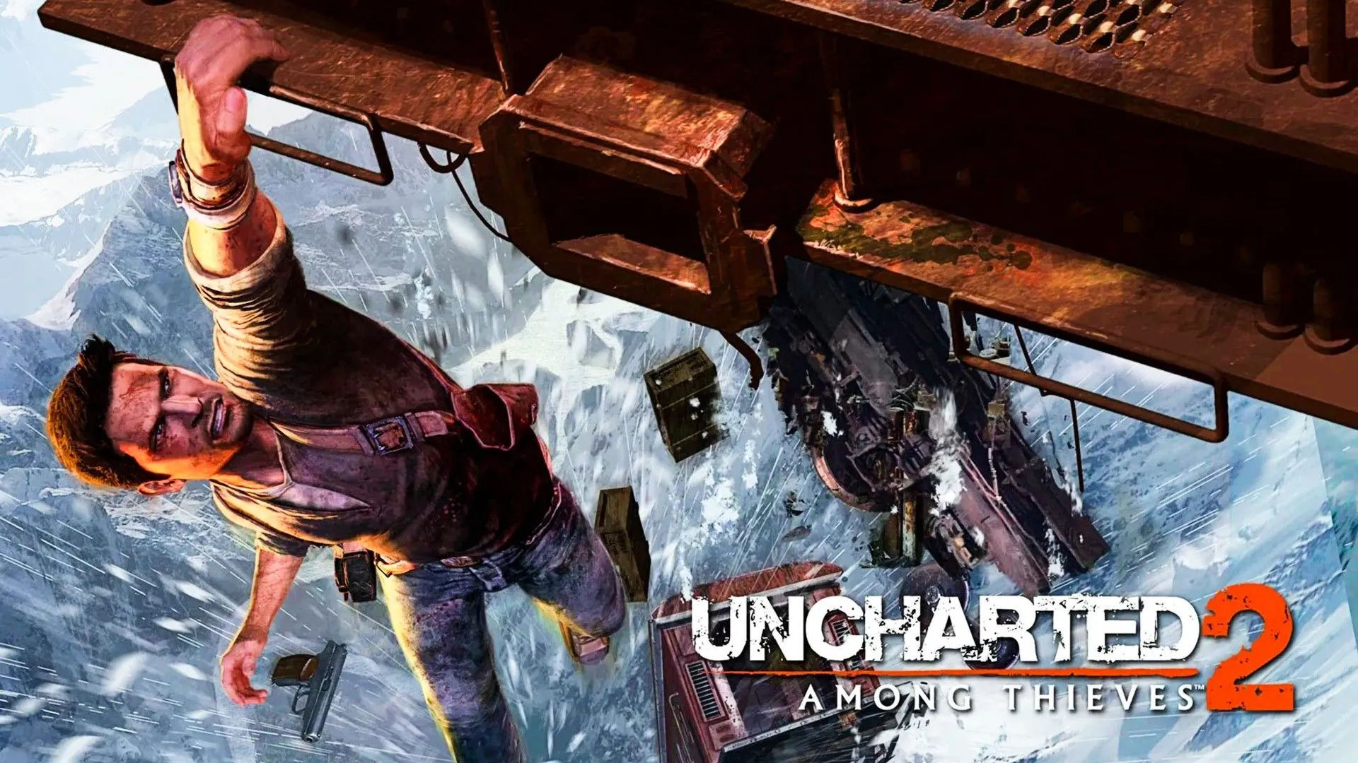 Nathan Drake đang treo mình trên một đoàn tàu gần vách đá đóng băng trong Uncharted 2 Among Thieves