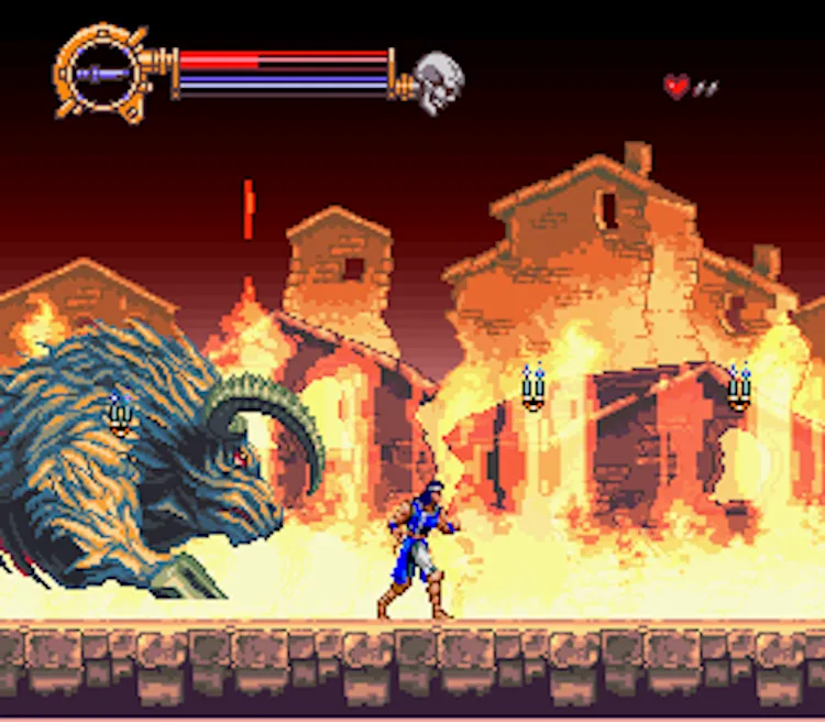 Người đàn ông chiến đấu với quái vật khổng lồ trong gameplay của Castlevania X